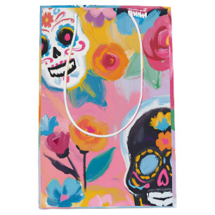Pink and black Floral Dia de Muertos Medium Gift Bag
