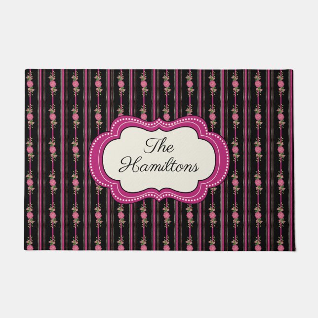 Pink and Black Floral Personalised Doormat (Front)