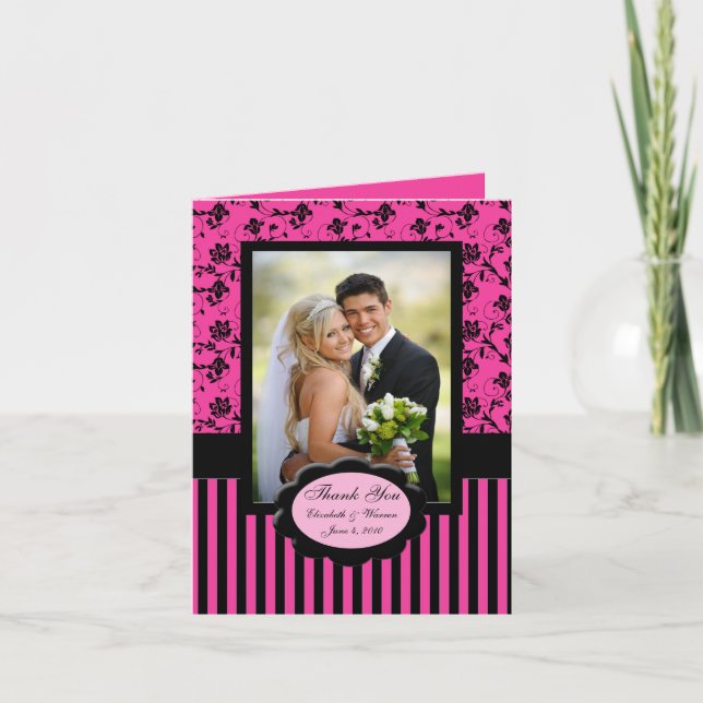 Pink and Black Floral Photo Thank You Card (Front)