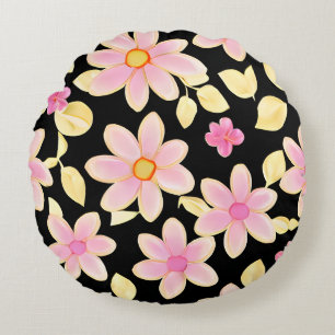 Pink and Black Flower Pattern Round Cushion