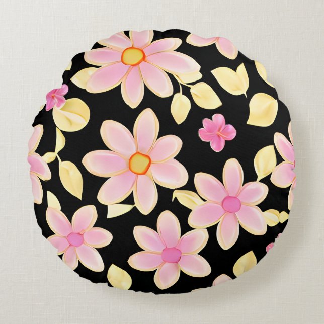 Pink and Black Flower Pattern  Round Cushion (Front)