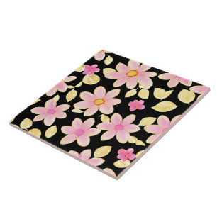 Pink and Black Flower Pattern  Tile
