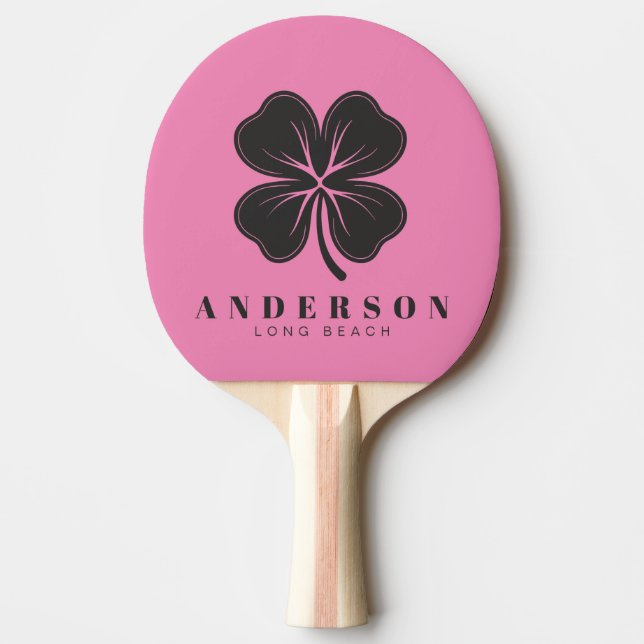 Pink and Black Four Leaf Clover with Name Ping Pong Paddle (Front)