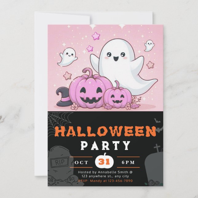 Pink and Black Ghosts Pumpkins Halloween Invitation (Front)