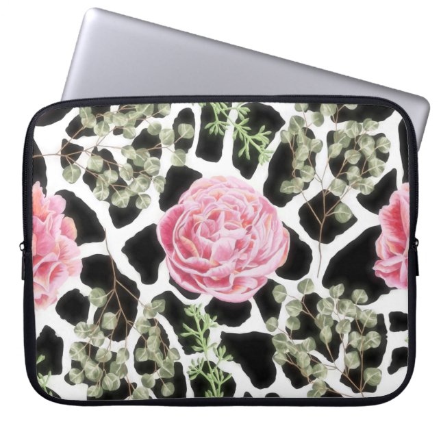 Pink and Black Giraffe Pattern and Flowers Laptop Sleeve (Front)
