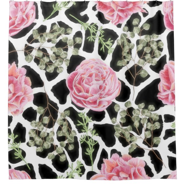 Pink and Black Giraffe Pattern and Flowers Shower Curtain (Front)