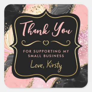 Pink and Black Glitter Agate Small Business Square Sticker