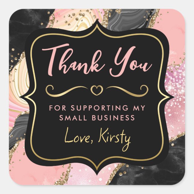 Pink and Black Glitter Agate Small Business Square Sticker (Front)