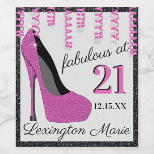 Pink and Black Glitter Birthday Sparkling Wine or Wine Label