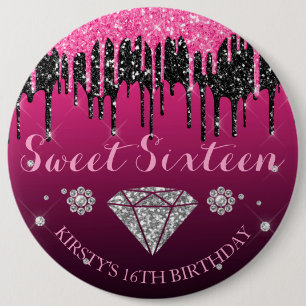Pink and Black Glitter Drip Diamond Sweet Sixteen 6 Cm Round Badge
