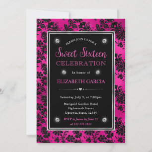 Pink and Black Glitter Floral Damask Sweet 16 Invitation