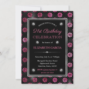 Pink and Black Glitter Glam Flowers 21st Birthday Invitation