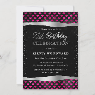 Pink and Black Glitter Hearts 21st Birthday Invitation
