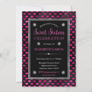 Pink and Black Glitter Hearts Sweet Sixteen Invitation