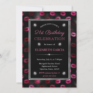 Pink and Black Glitter Lips Pattern 21st Birthday Invitation