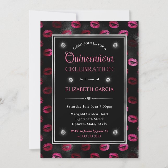 Pink and Black Glitter Lips Pattern Quinceanera Invitation (Front)
