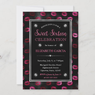 Pink and Black Glitter Lips Pattern Sweet Sixteen Invitation