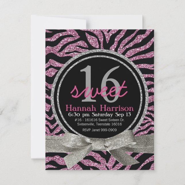 Pink and Black Glitter Look Zebra Sweet 16 Party Invitation (Front)