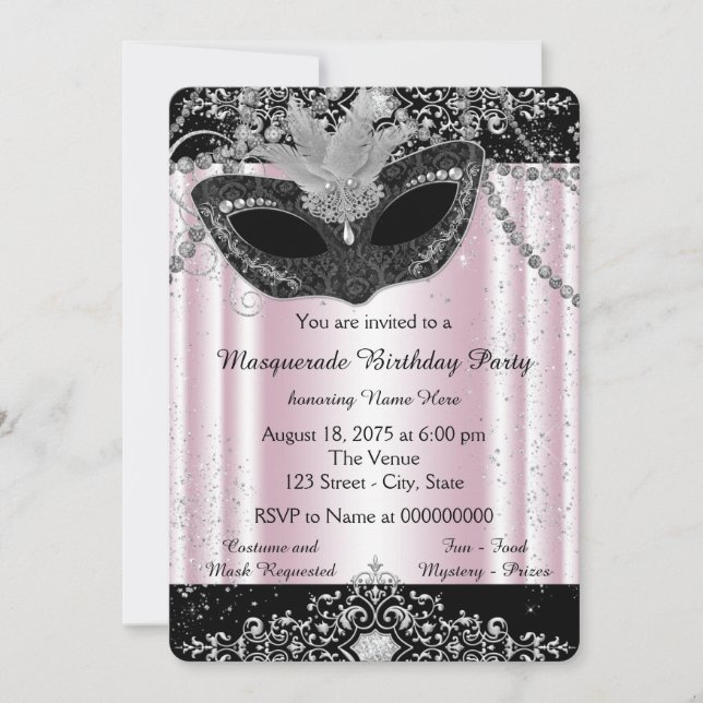 Pink and Black Glitter Masquerade Party Invitation (Front)