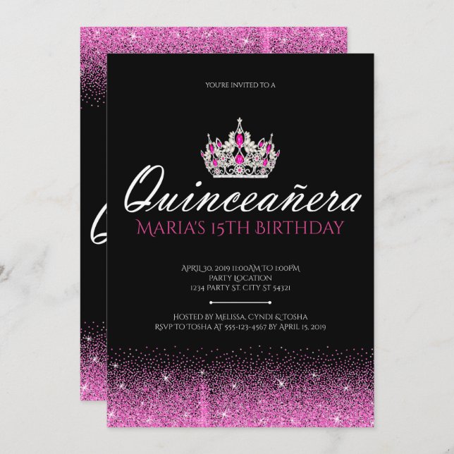 Pink and Black Glitter Quinceanera Invitations (Front/Back)