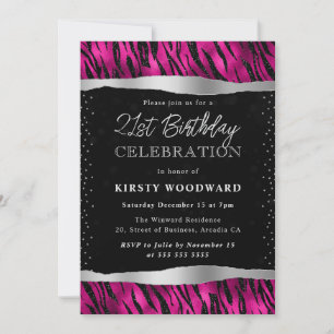 Pink and Black Glitter Tiger Stripes 21st Birthday Invitation