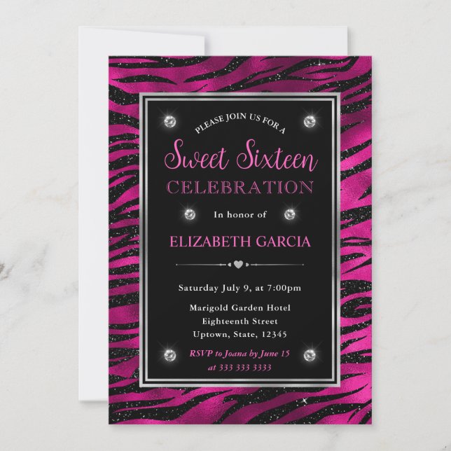 Pink and Black Glitter Tiger Stripes Sweet Sixteen Invitation (Front)