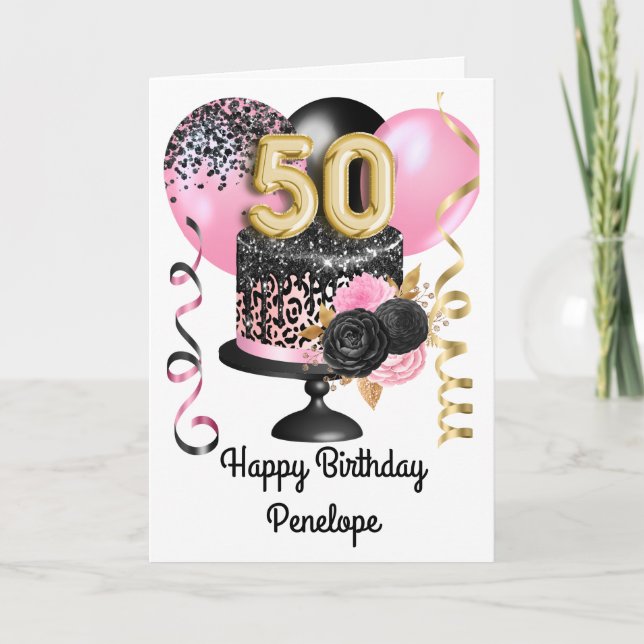 Pink and Black Gold 50th Birthday Card (Front)