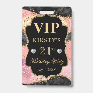 Pink and Black Gold Glitter Agate Birthday VIP ID Badge