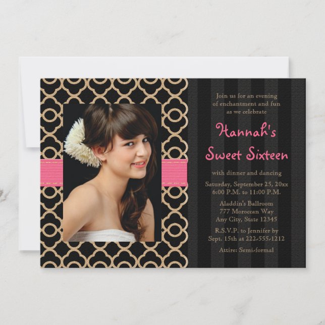 Pink and Black Gold Moroccan Sweet Sixteen Photo Invitation (Front)