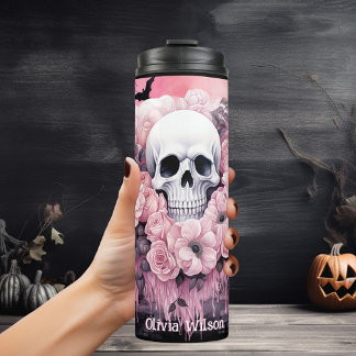 Pink and Black Goth Floral Skull Personalized Thermal Tumbler
