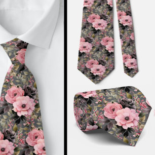 Pink and Black Goth Flowers Floral Tie