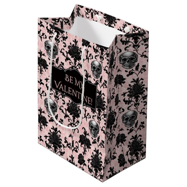 Pink and Black Goth Skulls and Roses  Medium Gift Bag (Front Angled)