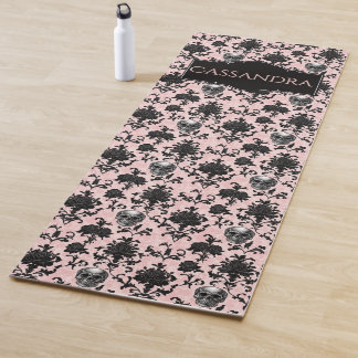 Pink and Black Goth Skulls and Roses Personalized  Yoga Mat