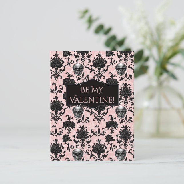 Pink and Black Goth Skulls and Roses Postcard (Standing Front)