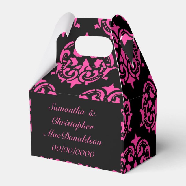 Pink and black gothic damask pattern wedding favour box (Back Side)