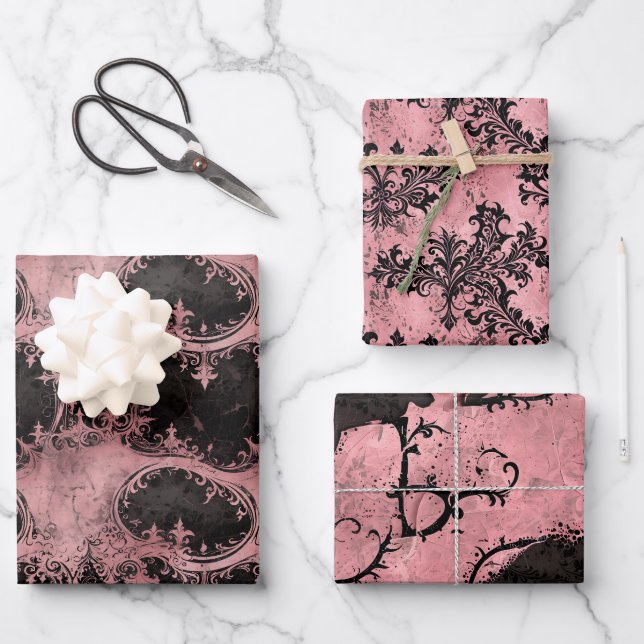 Pink and Black Gothic Grunge Wrapping Paper Sheet (Front)