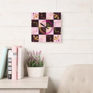 Pink and Black Graphic Art, Mystic Chequerboard Square Wall Clock
