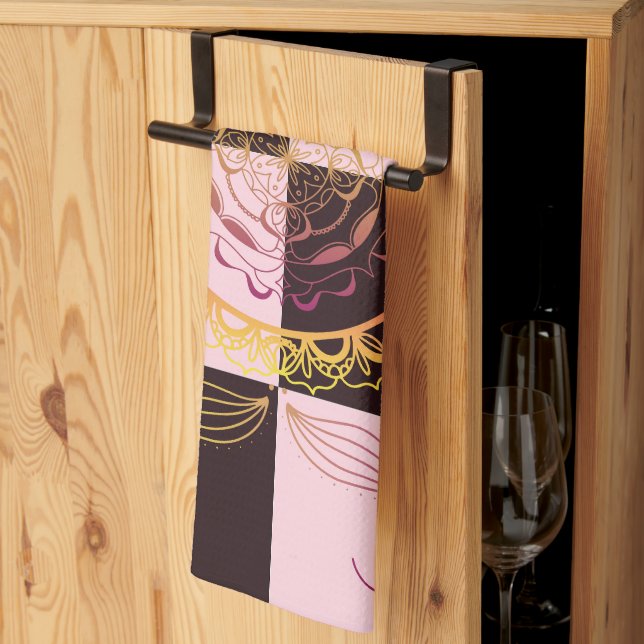 Pink and Black Graphic Art, Mystic Chequerboard Tea Towel (Thirds Fold)