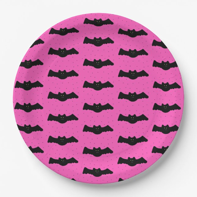 Pink and Black Halloween Bats Paper Plate (Front)