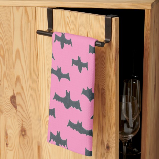 Pink and Black Halloween Bats Tea Towel (Thirds Fold)