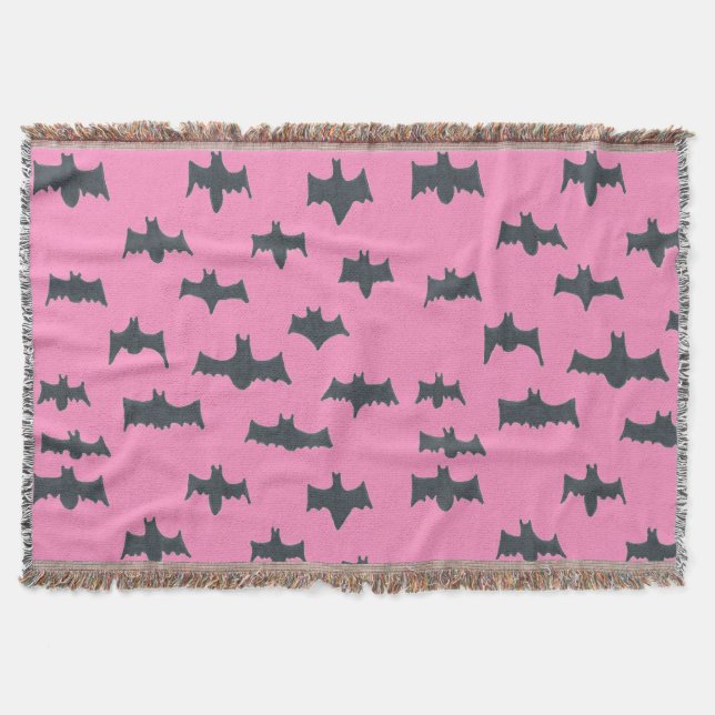 Pink and Black Halloween Bats Throw Blanket (Front)