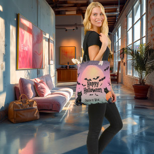 Pink and black Halloween with bats & black cats Tote Bag