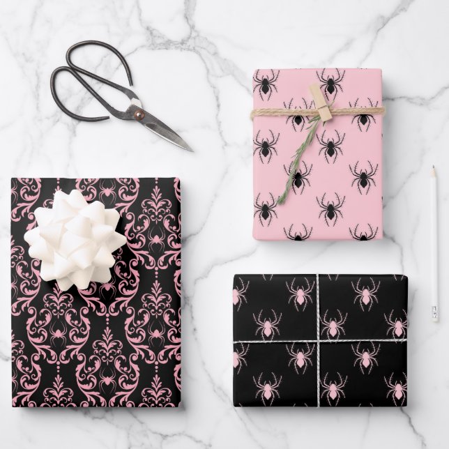 Pink and Black Halloween Wrapping Paper Sheet (Front)