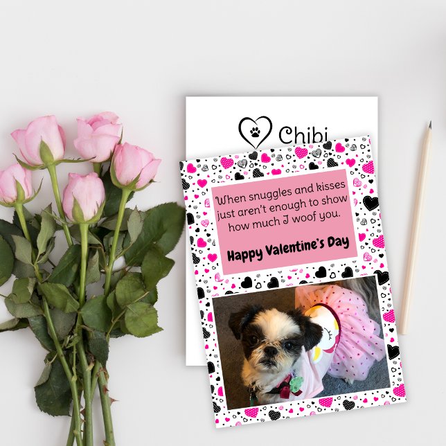 Pink and black Hearts Cute Dog Valentine’s Day Holiday Card (Creator Uploaded)