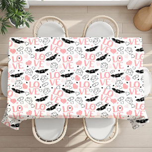 Pink and Black Hearts Love Lettering Valentine   Tablecloth