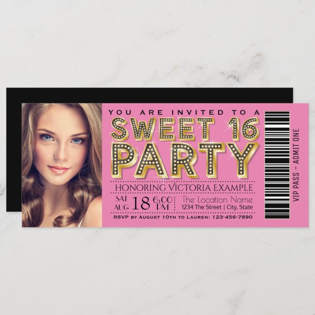 Pink and Black Hollywood Glam Sweet 16 Ticket Invitation (Front/Back)