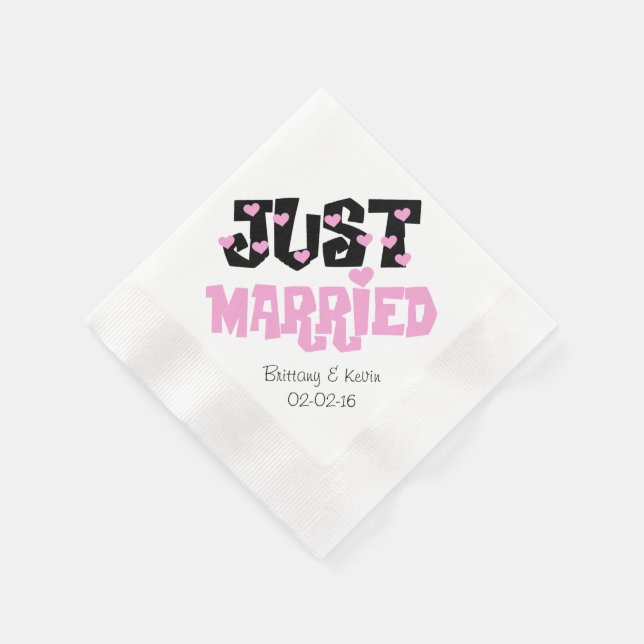 Pink and Black Just Married Paper  Napkins (Corner)