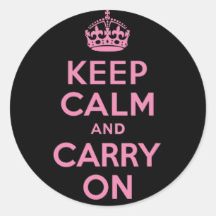 Pink and Black Keep Calm And Carry On Classic Round Sticker