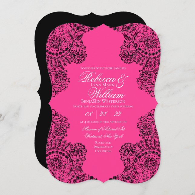 Pink and Black Lace Elegant Gothic Wedding Invitation (Front/Back)