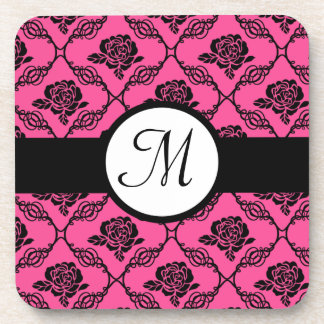 Pink and Black Lacy Floral Monogram Coaster